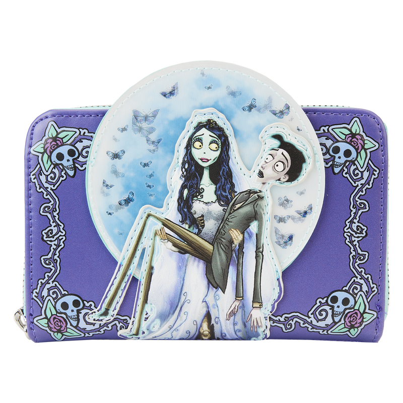 Purple zip around wallet featuring Corpse Bride's Emily carrying Victor against a full moon background